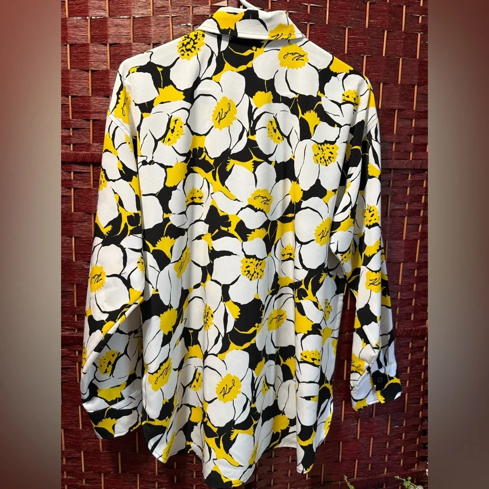 Karl Lagerfeld Black and Yellow Floral Button Down Shirt - Picture 3 of 5